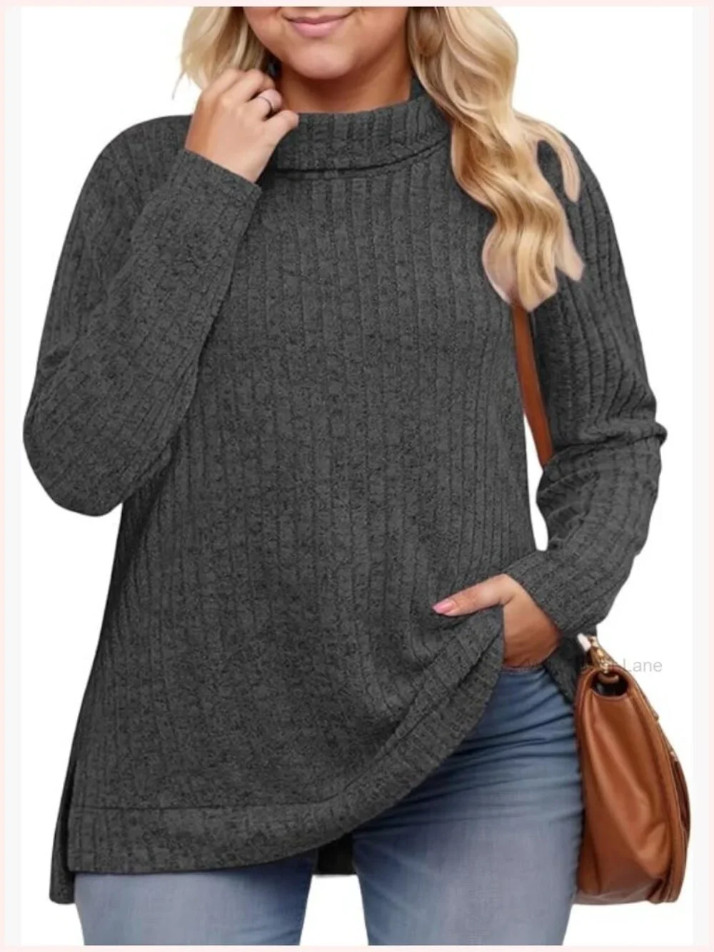 Plus Size Turtleneck Lightweight Sweater Womens Tunic Side Split Long Sleeve